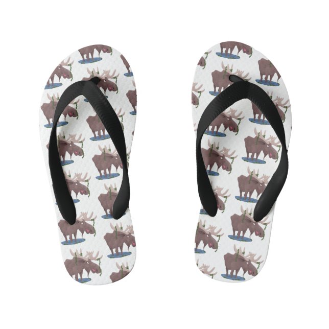 Funny happy moose cartoon illustration kid's jandals (Footbed)