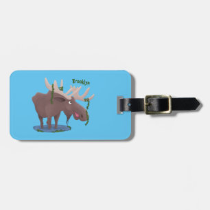 Funny happy moose cartoon illustration luggage tag