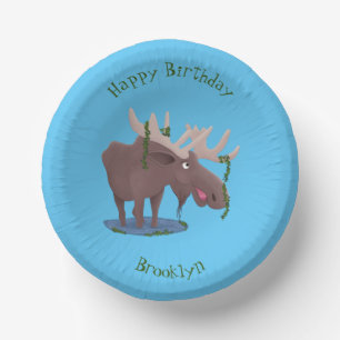 Funny happy moose cartoon illustration paper plate