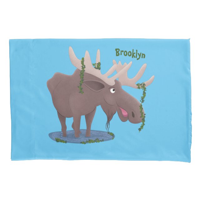 Funny happy moose cartoon illustration pillowcase (Front)