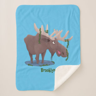 Funny happy moose cartoon illustration  sherpa blanket