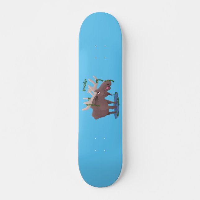 Funny happy moose cartoon illustration skateboard (Front)