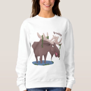 Funny happy moose cartoon illustration  sweatshirt