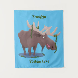 Funny happy moose cartoon illustration tapestry