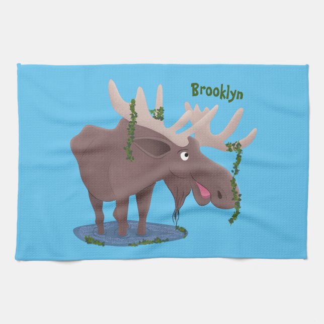 Funny happy moose cartoon illustration tea towel (Horizontal)
