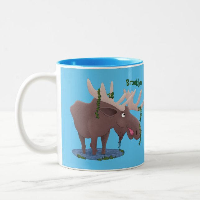 Funny happy moose cartoon illustration Two-Tone coffee mug (Left)