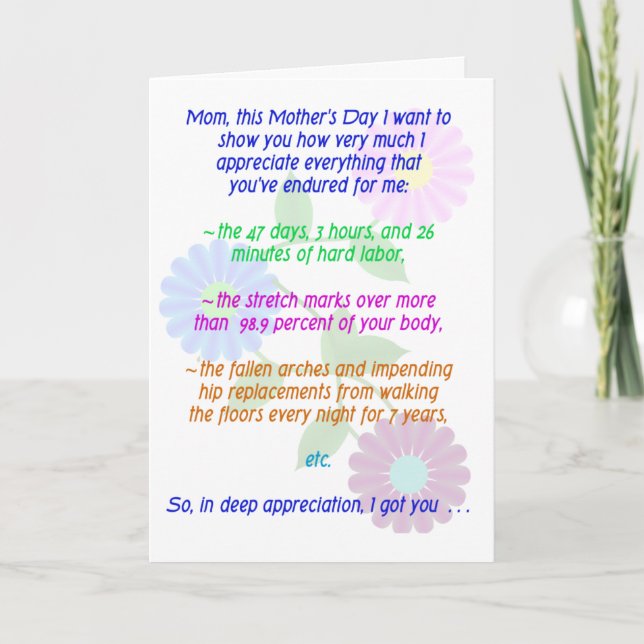 Funny Happy Mother's Day for all she endured... Card (Front)