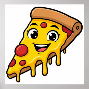 Funny Happy Pizza Slice with Stretchy Cheese Cute Poster
