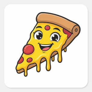 Funny Happy Pizza Slice with Stretchy Cheese Cute  Square Sticker