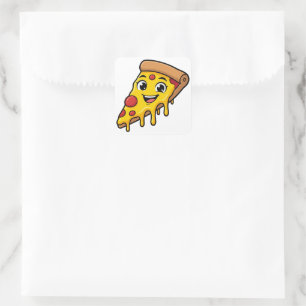 Funny Happy Pizza Slice with Stretchy Cheese Cute  Square Sticker