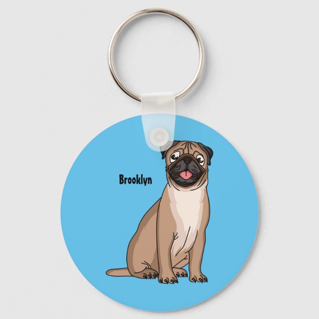 Funny happy pug dog cartoon illustration key ring (Front)
