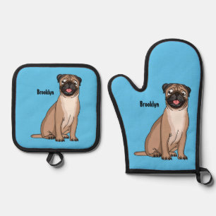 Funny happy pug dog cartoon illustration oven mitt & pot holder set