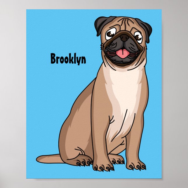 Funny happy pug dog cartoon illustration poster (Front)