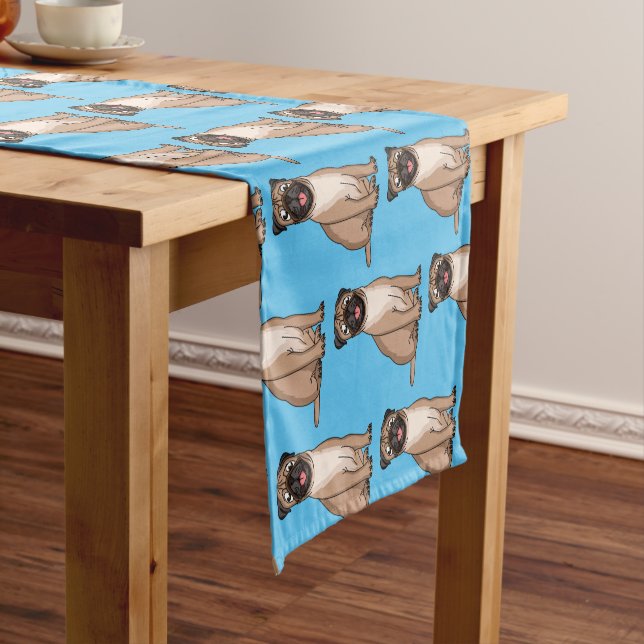 Funny happy pug dog cartoon illustration short table runner (In Situ)