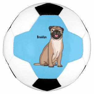 Funny happy pug dog cartoon illustration soccer ball
