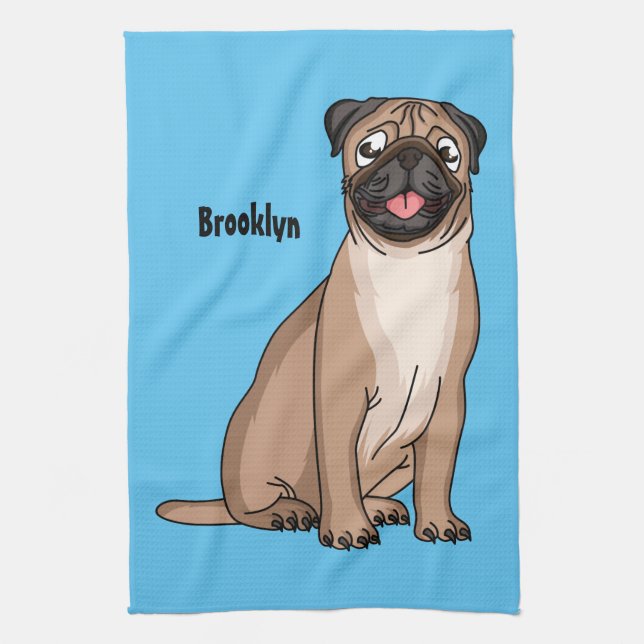 Funny happy pug dog cartoon illustration tea towel (Vertical)