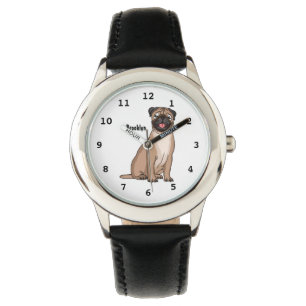 Funny happy pug dog cartoon illustration watch