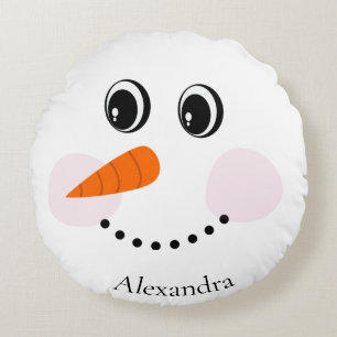 Funny Happy Snowman Face Monogrammed With Name Round Cushion