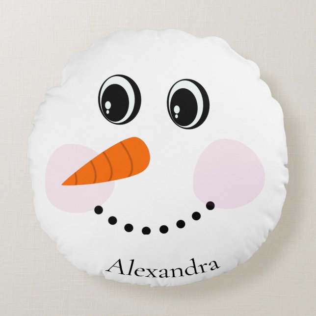 Funny Happy Snowman Face Monogrammed With Name Round Cushion (Front)
