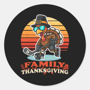 Funny Happy Thanksgiving Turkey Playing Ice Hockey Classic Round Sticker