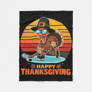 Funny Happy Thanksgiving Turkey Playing Ice Hockey Fleece Blanket