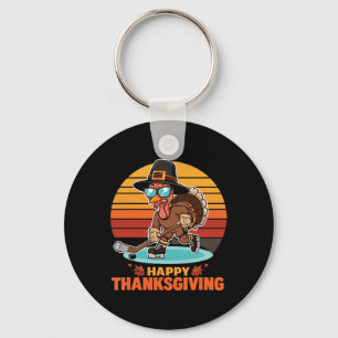 Funny Happy Thanksgiving Turkey Playing Ice Hockey Key Ring