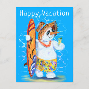 Funny Happy Vacation Card Summer Snowman Surfer