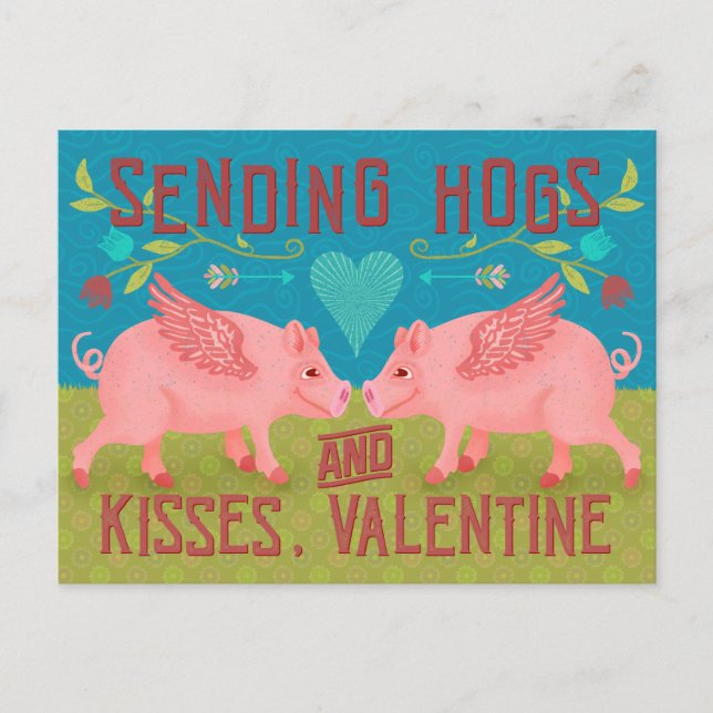 Funny Happy Valentines Day Pigs Pun Kids Classroom Holiday Postcard (Front)