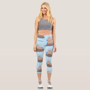Funny happy walrus cartoon illustration capri leggings