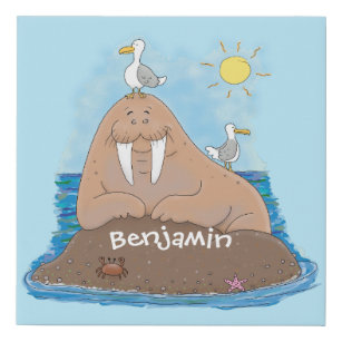 Funny happy walrus cartoon illustration faux canvas print