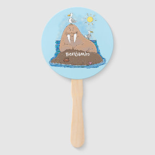 Funny happy walrus cartoon illustration hand fan