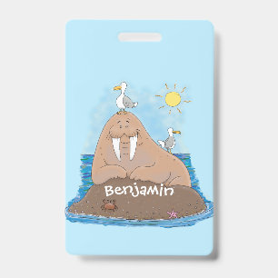 Funny happy walrus cartoon illustration ID badge
