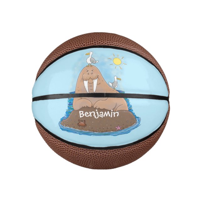 Funny happy walrus cartoon illustration mini basketball (Front)