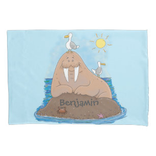 Funny happy walrus cartoon illustration pillowcase