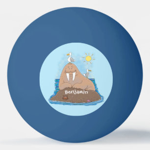 Funny happy walrus cartoon illustration ping pong ball
