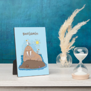 Funny happy walrus cartoon illustration plaque