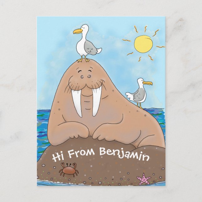 Funny happy walrus cartoon illustration postcard (Front)