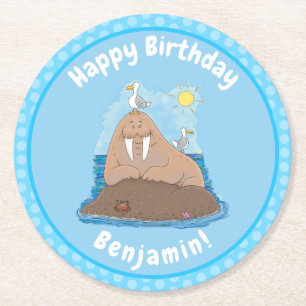 Funny happy walrus cartoon illustration round paper coaster