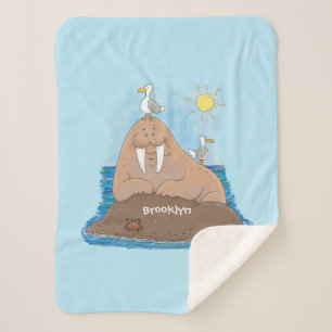 Funny happy walrus cartoon illustration  sherpa blanket