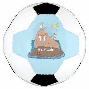 Funny happy walrus cartoon illustration soccer ball
