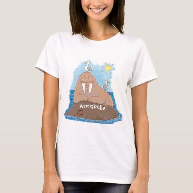 Funny happy walrus cartoon illustration T-Shirt (Front)