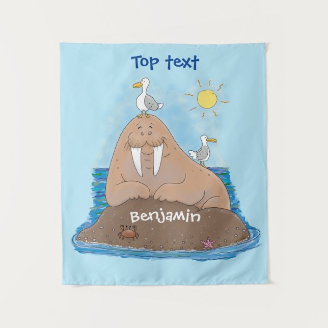 Funny happy walrus cartoon illustration  tapestry (Front)
