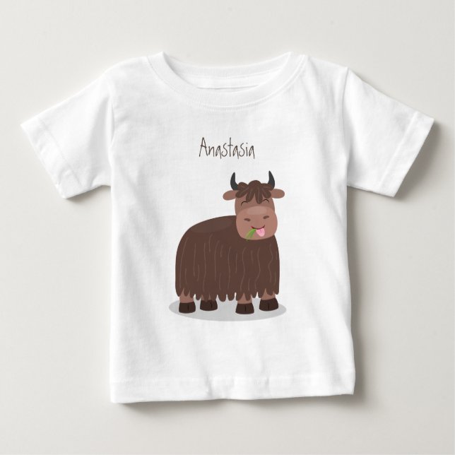 Funny happy yak eating grass cartoon illustration baby T-Shirt (Front)