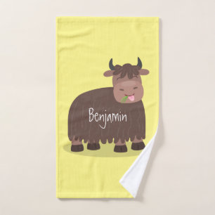 Funny happy yak eating grass cartoon illustration bath towel set