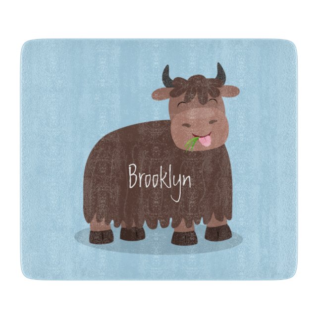 Funny happy yak eating grass cartoon illustration  cutting board (Front)