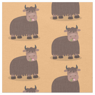 Funny happy yak eating grass cartoon illustration fabric