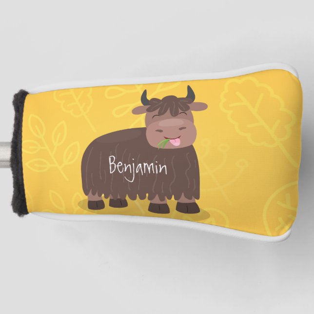 Funny happy yak eating grass cartoon illustration golf head cover (Front)