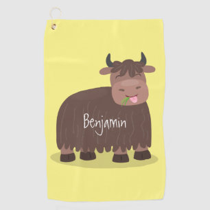 Funny happy yak eating grass cartoon illustration  golf towel