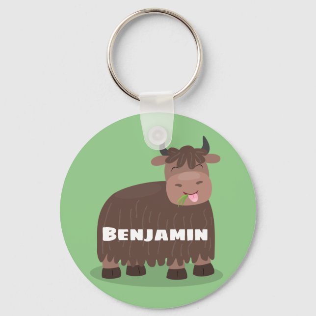 Funny happy yak eating grass cartoon illustration key ring (Front)