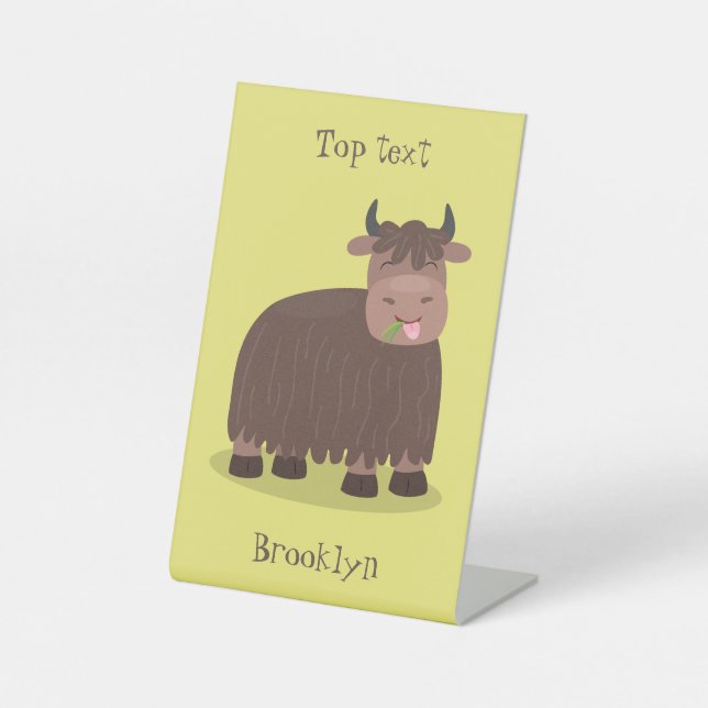 Funny happy yak eating grass cartoon illustration pedestal sign (Front)